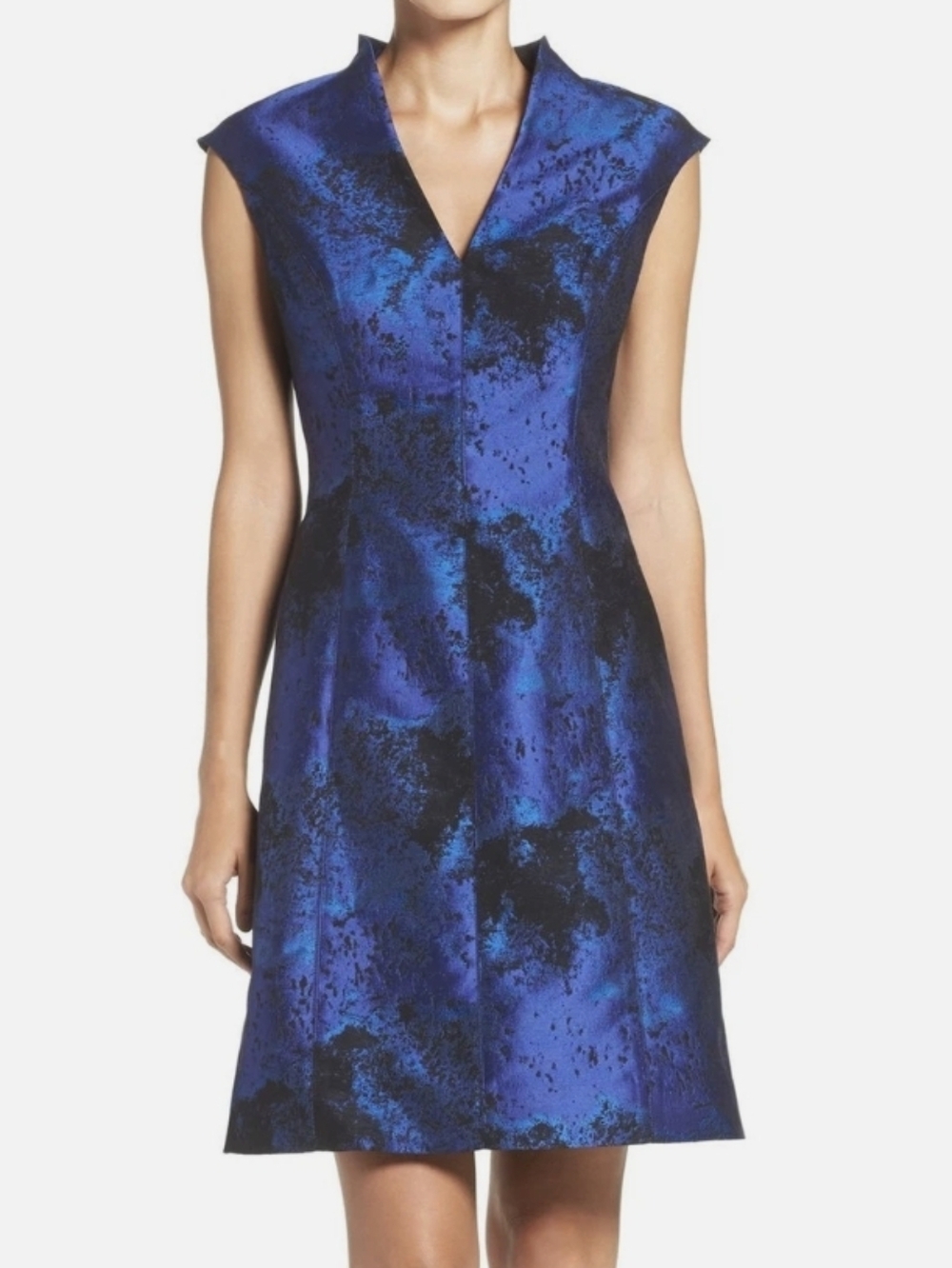 Rare -- Maggy London Blue and Black Jacquard Fit & Flare Midi Dress